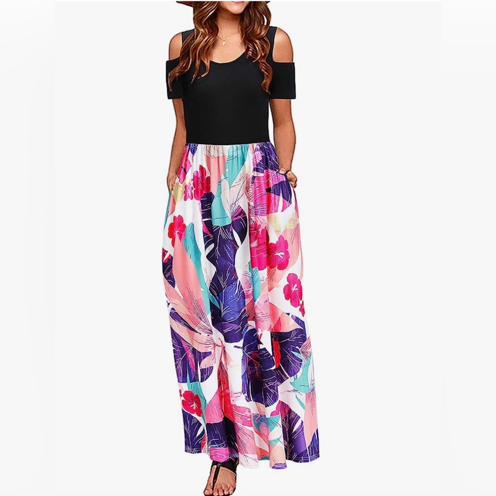 black and floral cold shoulder dress
